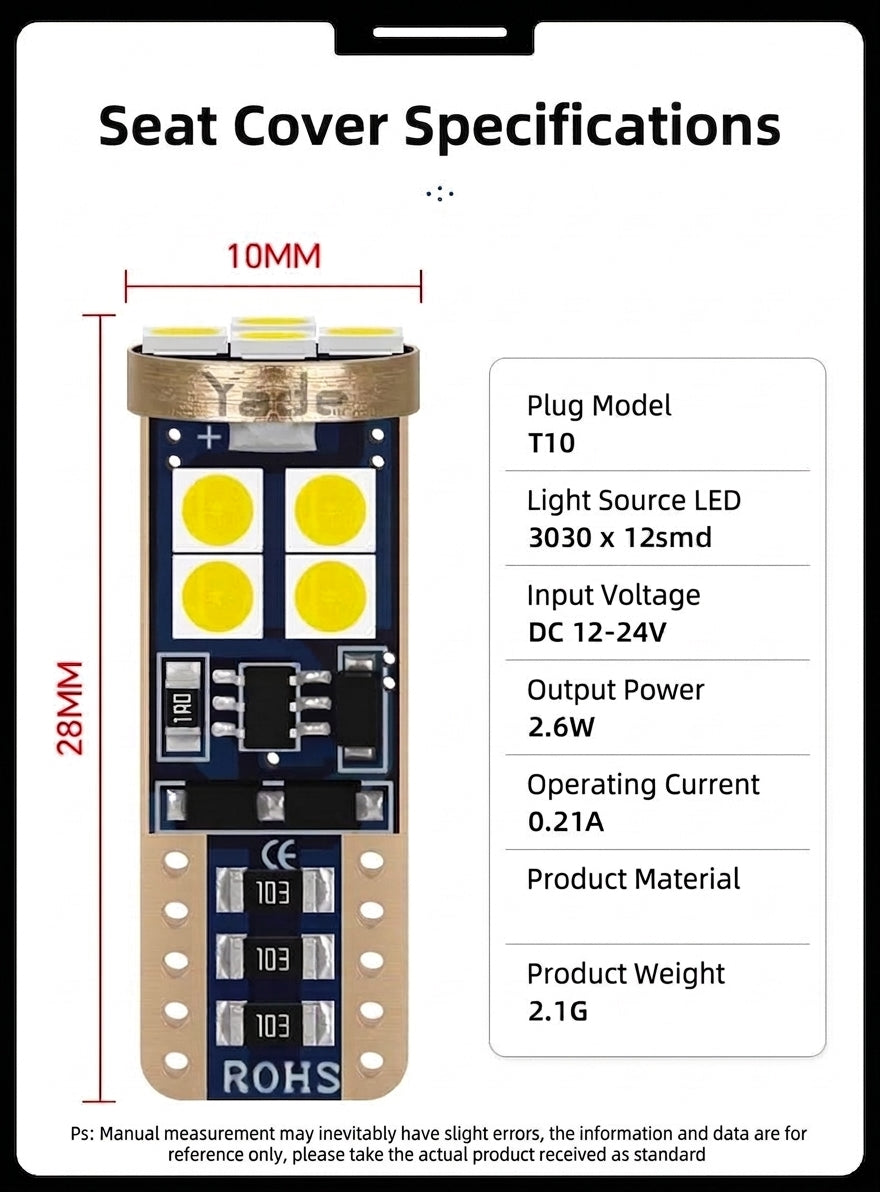 Yade Wide-Width Indicator Light T10 3030 12SMD Car Light LED High Brightness Wide Voltage Decoding Reading Light License Plate Light
