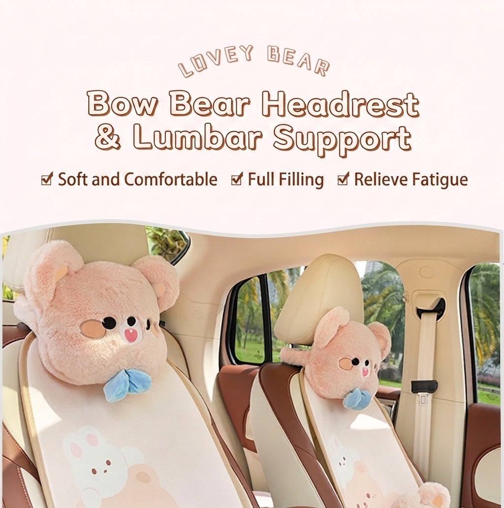 Car headrest, plush bow little bear pillow, comfortable neck pillow cushion, cute cartoon car interior lumbar support