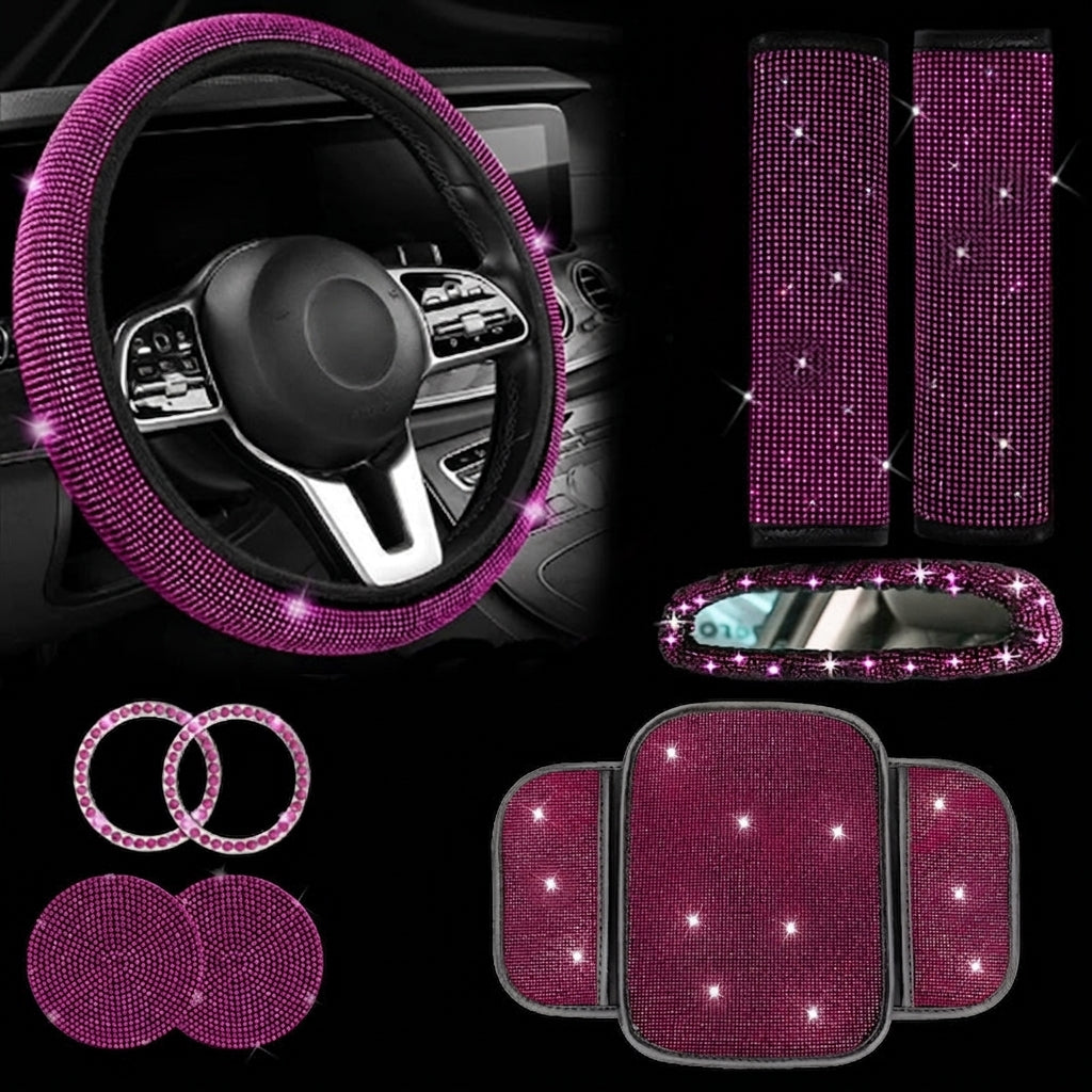 Car steering wheel cover, diamond-studded full diamond set, seat belt, shoulder pad, rearview mirror armrest, box mat, starter ring, nine-piece set