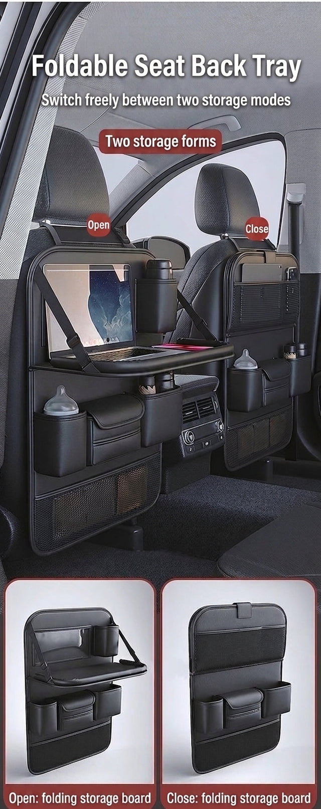Car seat back storage bag, leather rear storage box, dining table model car seat back hanging bag, anti-kick mat
