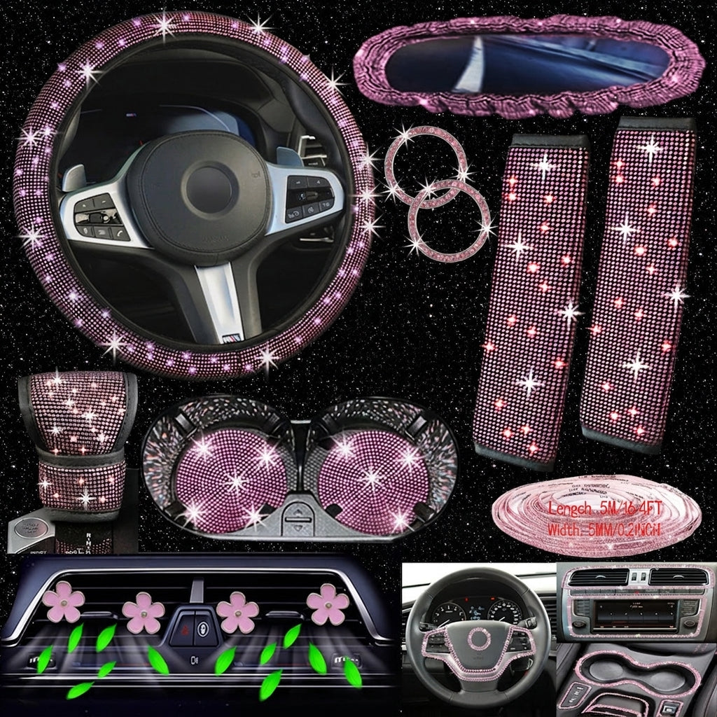 Cross-border foreign trade cars with hot diamonds, steering wheel covers, seat belts, shoulder pads, and diamond-embedded vehicles, 14 items loaded with diamonds and with diamonds