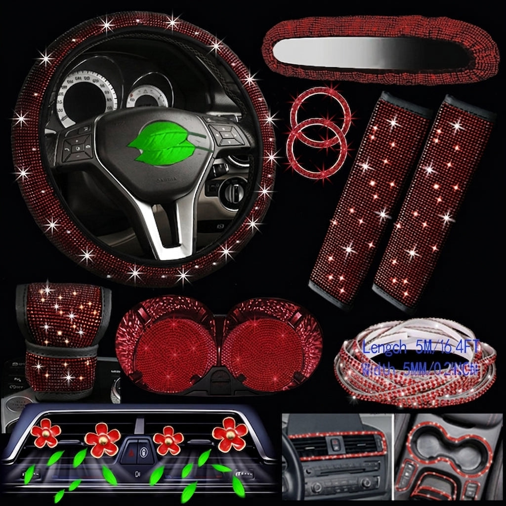 Cross-border foreign trade cars with hot diamonds, steering wheel covers, seat belts, shoulder pads, and diamond-embedded vehicles, 14 items loaded with diamonds and with diamonds