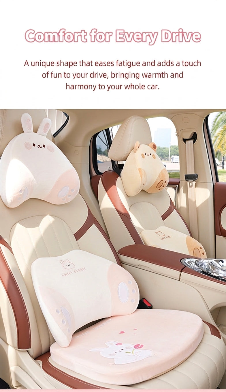 Cartoon memory foam car headrest, all-season plush car, soft seat lumbar pad, creative car lumbar support