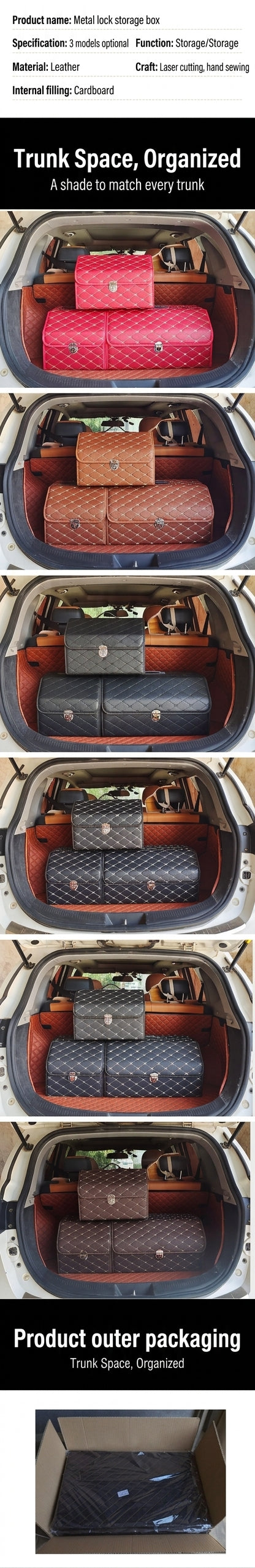 Car trunk storage box, leather foldable car organizer box, large capacity metal locking with handle storage box