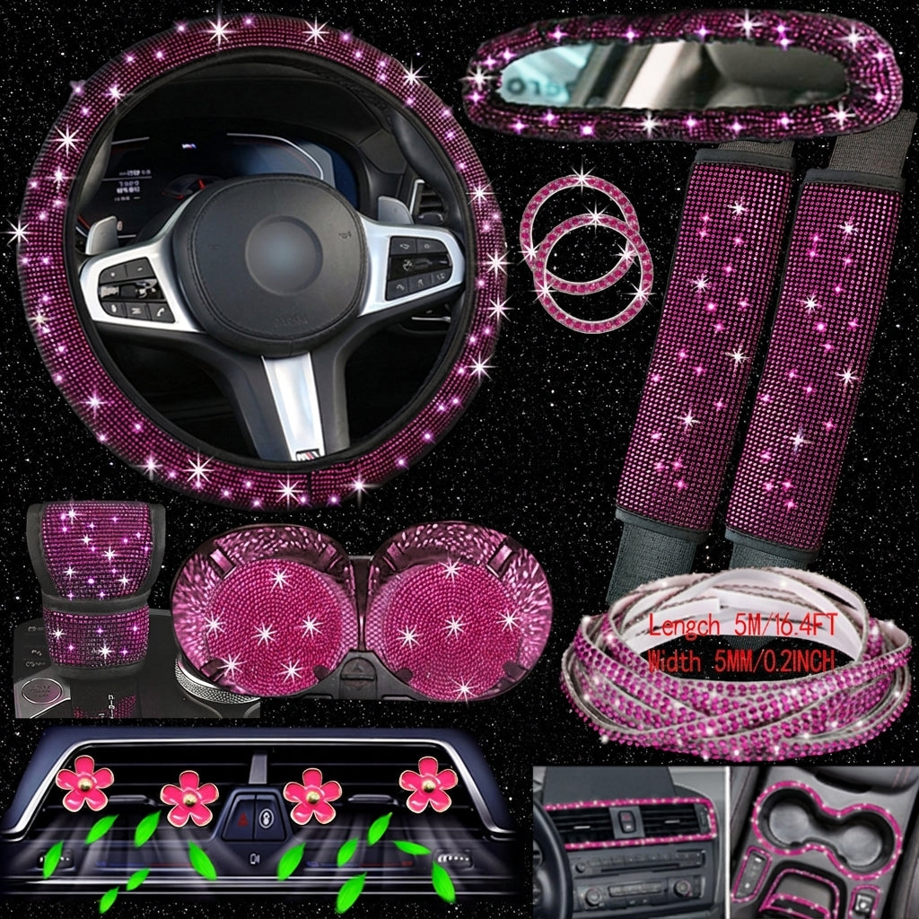 Cross-border foreign trade cars with hot diamonds, steering wheel covers, seat belts, shoulder pads, and diamond-embedded vehicles, 14 items loaded with diamonds and with diamonds
