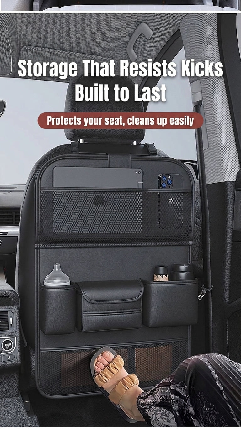 Car seat back storage bag, leather rear storage box, dining table model car seat back hanging bag, anti-kick mat