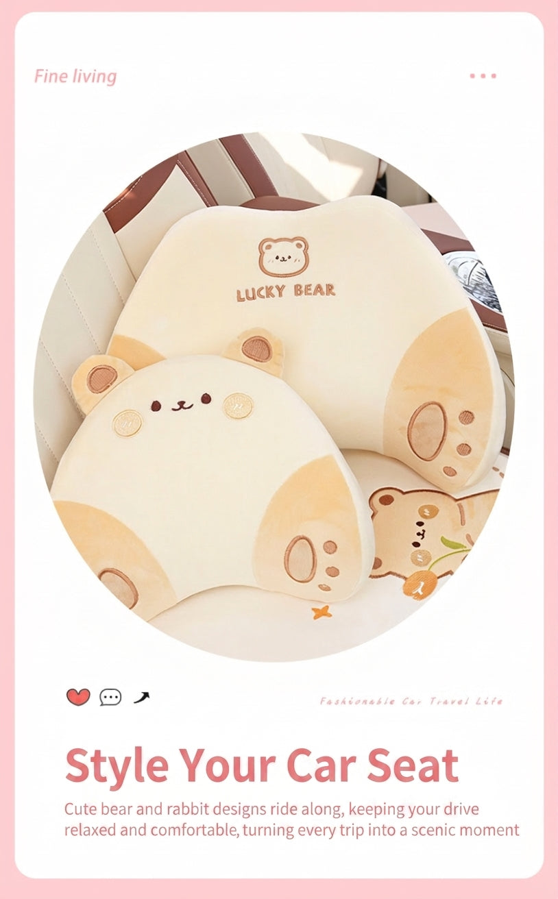 Cartoon memory foam car headrest, all-season plush car, soft seat lumbar pad, creative car lumbar support