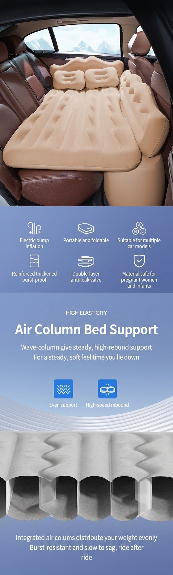 New car inflatable bed, 3:7 split children's sleeping bed, rear bed for sedans, SUVs, foldable outdoor universal travel bed
