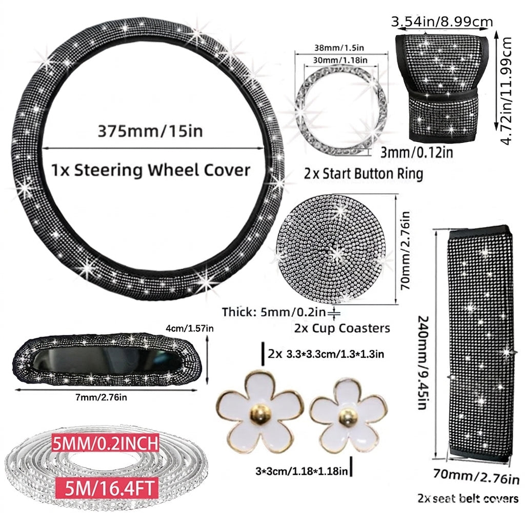 Cross-border foreign trade cars with hot diamonds, steering wheel covers, seat belts, shoulder pads, and diamond-embedded vehicles, 14 items loaded with diamonds and with diamonds
