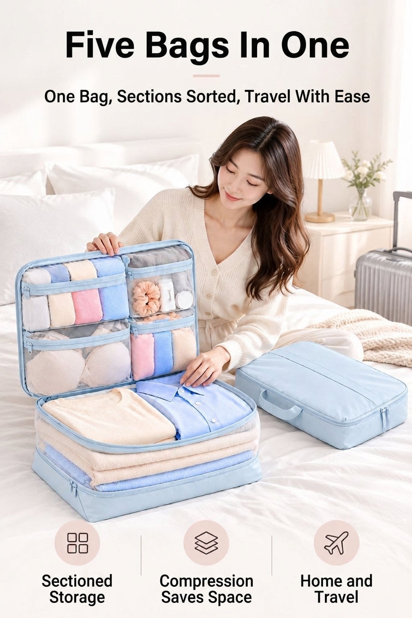 Travel Storage Bags, Five-in-One Compressible Set