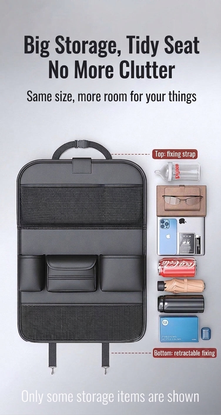 Car seat back storage bag, leather rear storage box, dining table model car seat back hanging bag, anti-kick mat