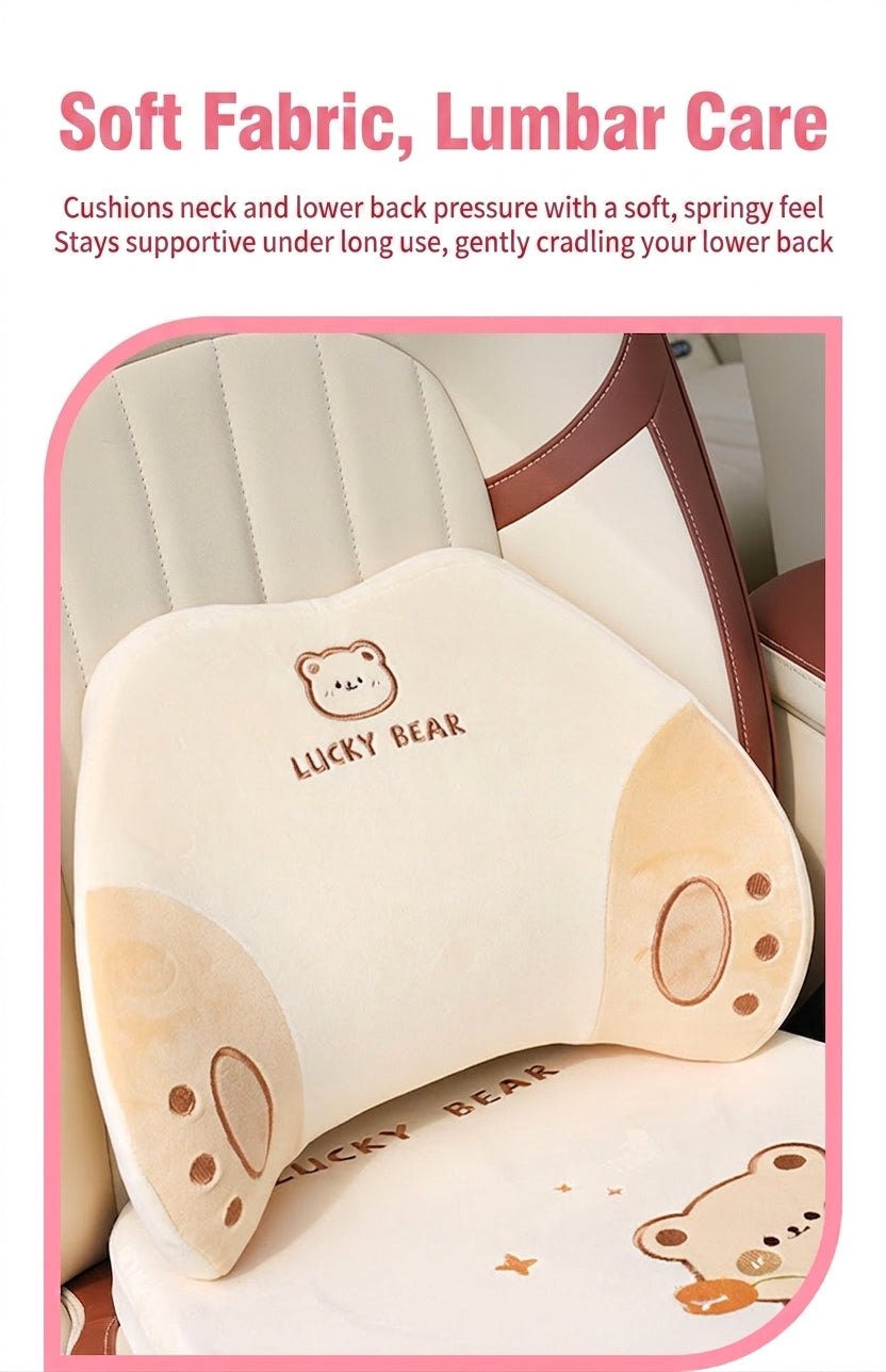 Cartoon memory foam car headrest, all-season plush car, soft seat lumbar pad, creative car lumbar support