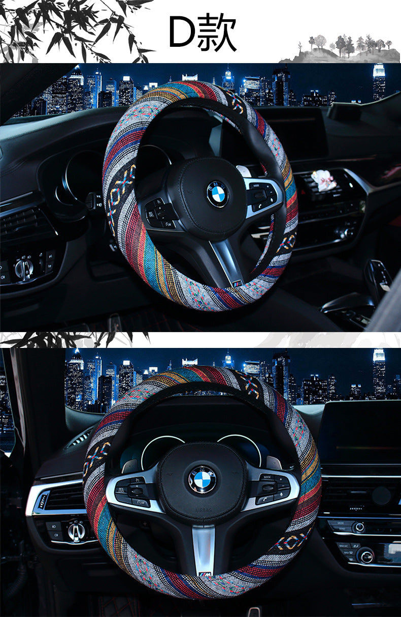 Steering wheel cover New national style old coarse cloth linen car steering wheel cover Personality trend car handle cover