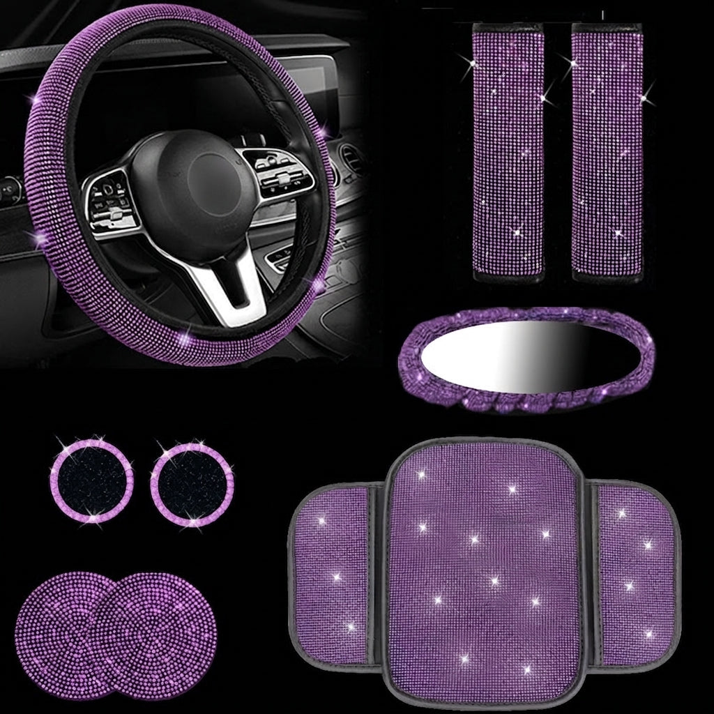 Car steering wheel cover, diamond-studded full diamond set, seat belt, shoulder pad, rearview mirror armrest, box mat, starter ring, nine-piece set