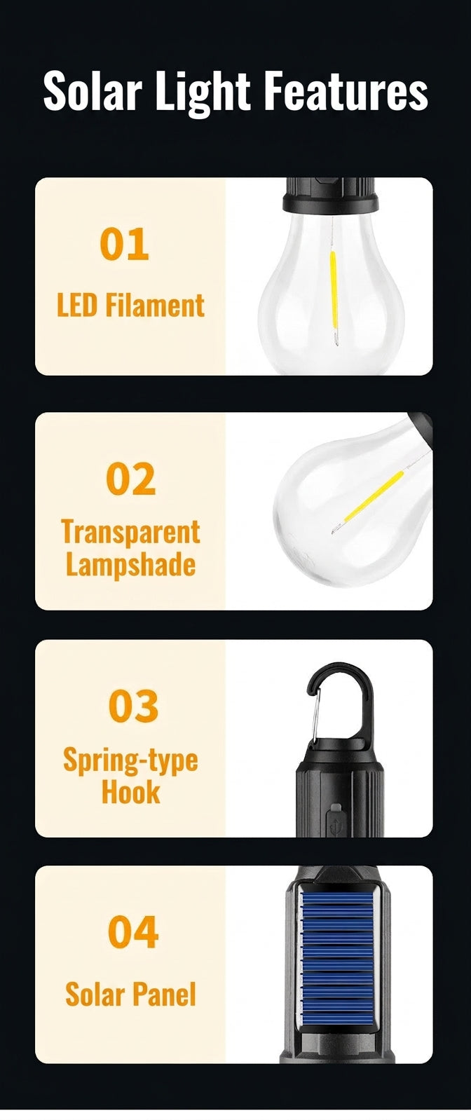 Solar Camping Light with Hook - Rechargeable