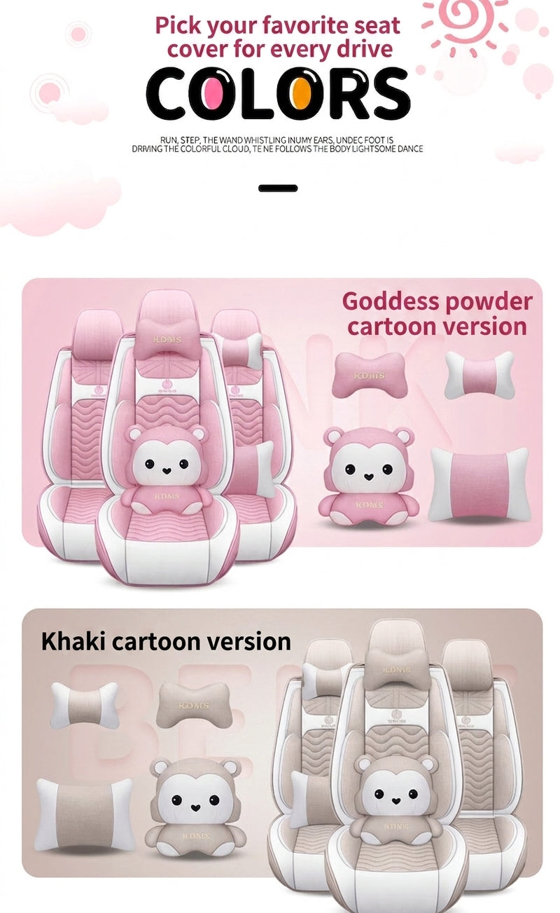 Cartoon car seat cushion, all-season universal all-round car seat cover, linen fabric art seat cushion, winter goddess seat cover