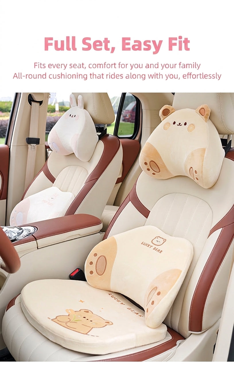Cartoon memory foam car headrest, all-season plush car, soft seat lumbar pad, creative car lumbar support