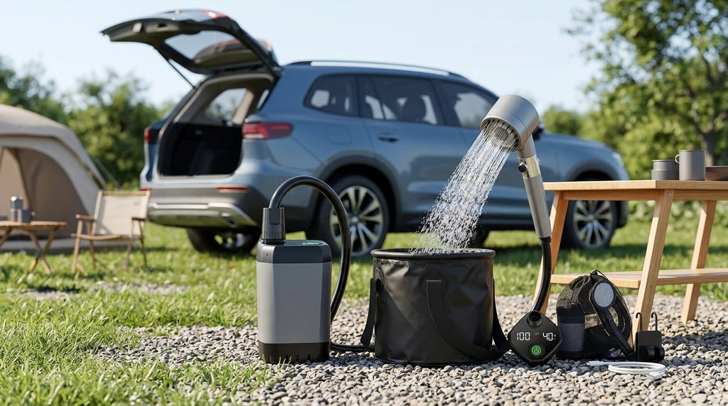 Portable Electric Shower Pump with Battery - Campsite Day