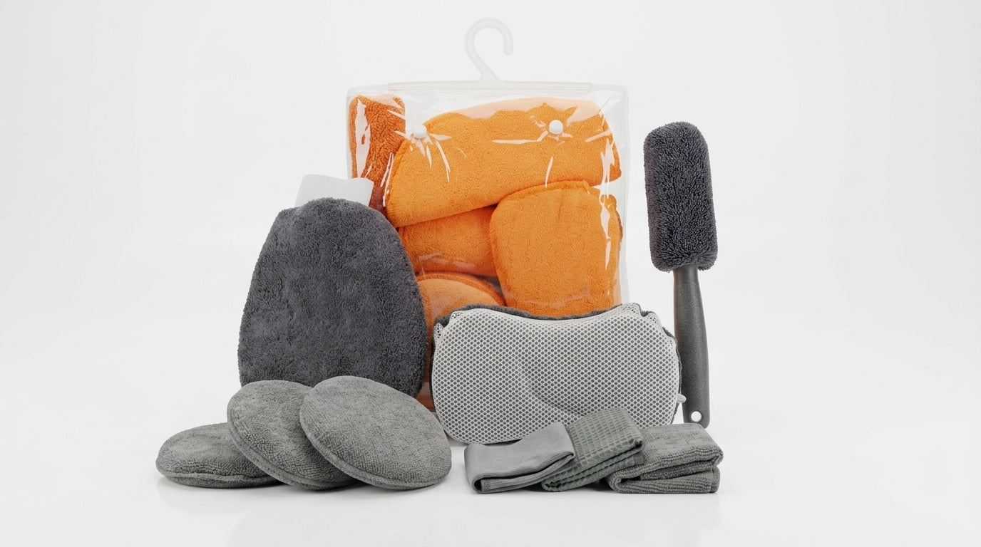 Car cleaning 9-piece set: car towels, home car wash gloves, car washing towels, rags, waxing sponges, hub brushes - Hero Studio