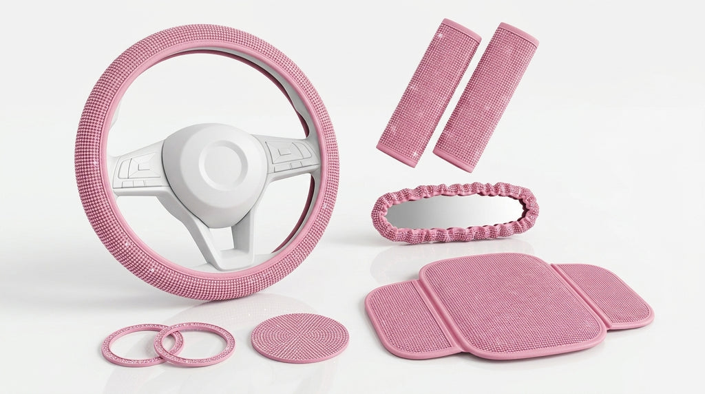 Car steering wheel cover, diamond-studded full diamond set, seat belt, shoulder pad, rearview mirror armrest, box mat, starter ring, nine-piece set - Hero Studio