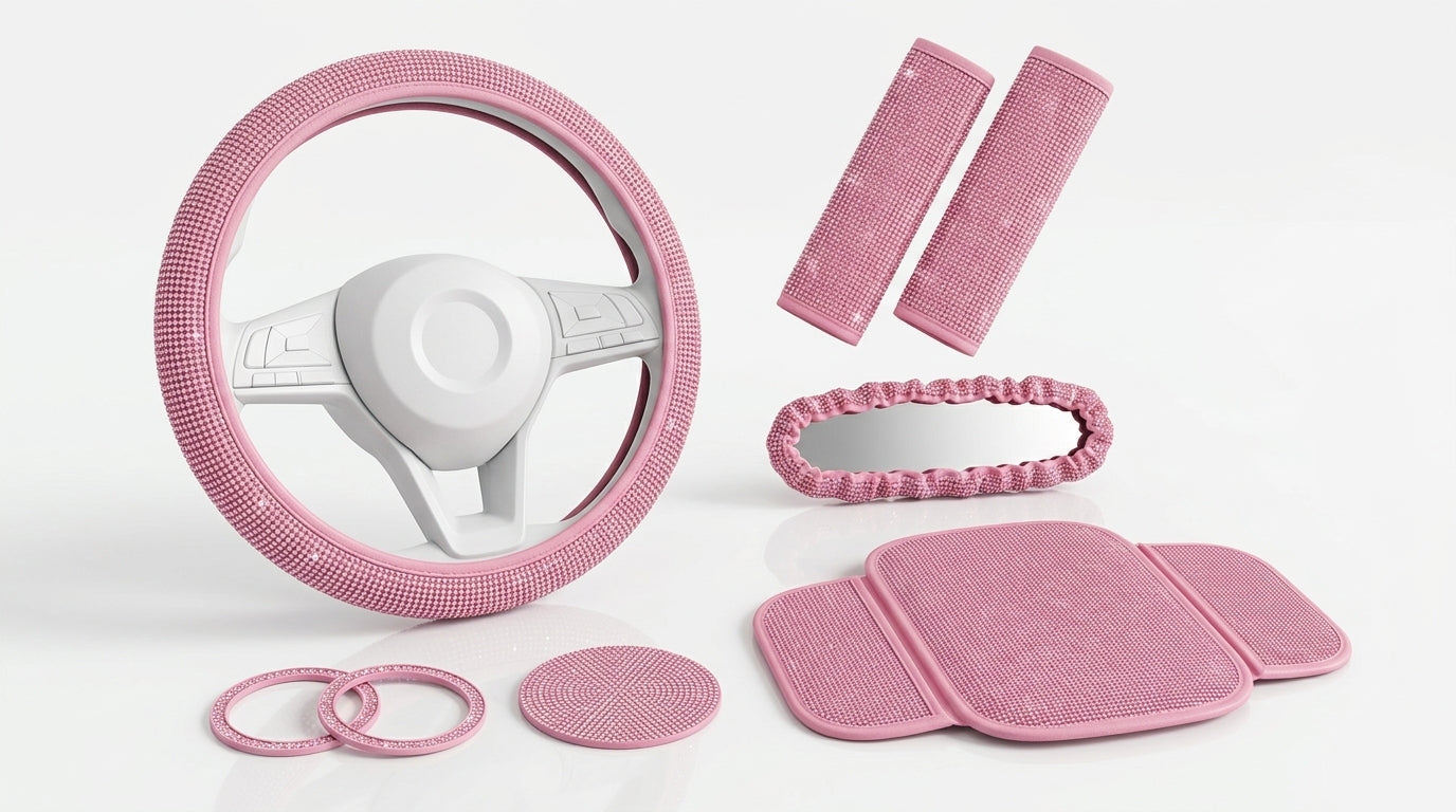 Car steering wheel cover, diamond-studded full diamond set, seat belt, shoulder pad, rearview mirror armrest, box mat, starter ring, nine-piece set - Hero Studio