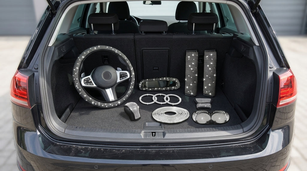 Cross-border foreign trade cars with hot diamonds, steering wheel covers, seat belts, shoulder pads, and diamond-embedded vehicles, 14 items loaded with diamonds and with diamonds - Boot Context Day