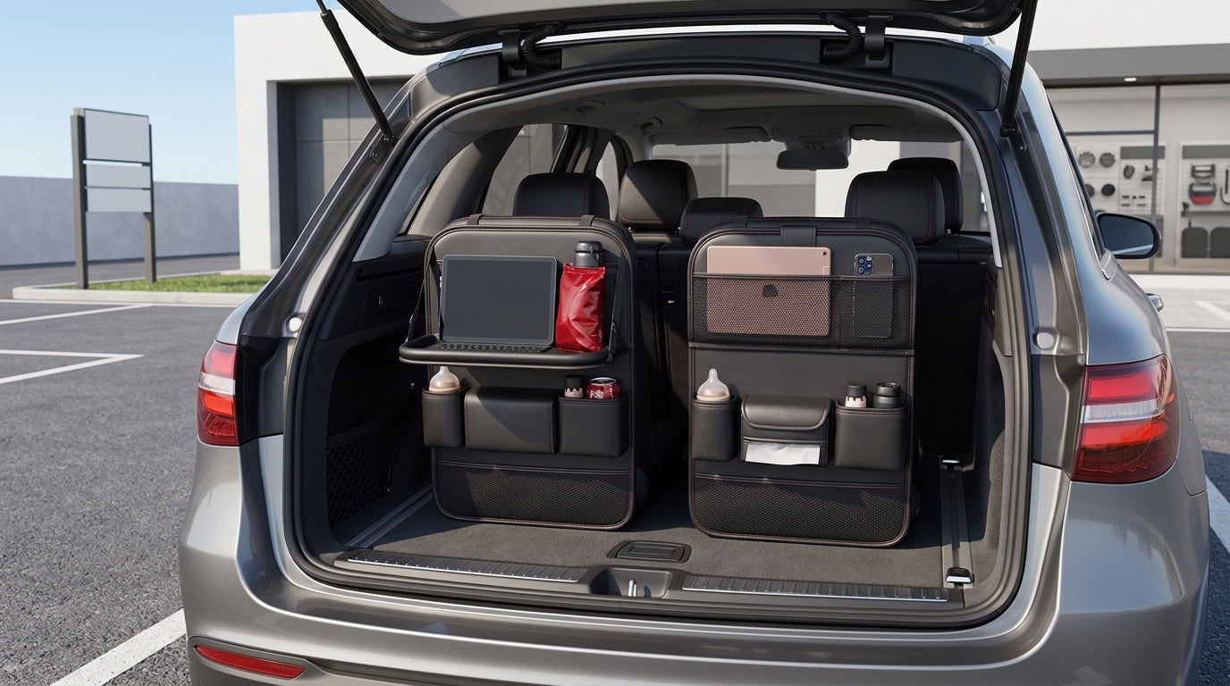 High-end car seat back storage bag, car multi-functional, rear hanging bag, car foldable dining table board shelf - Boot Context Day