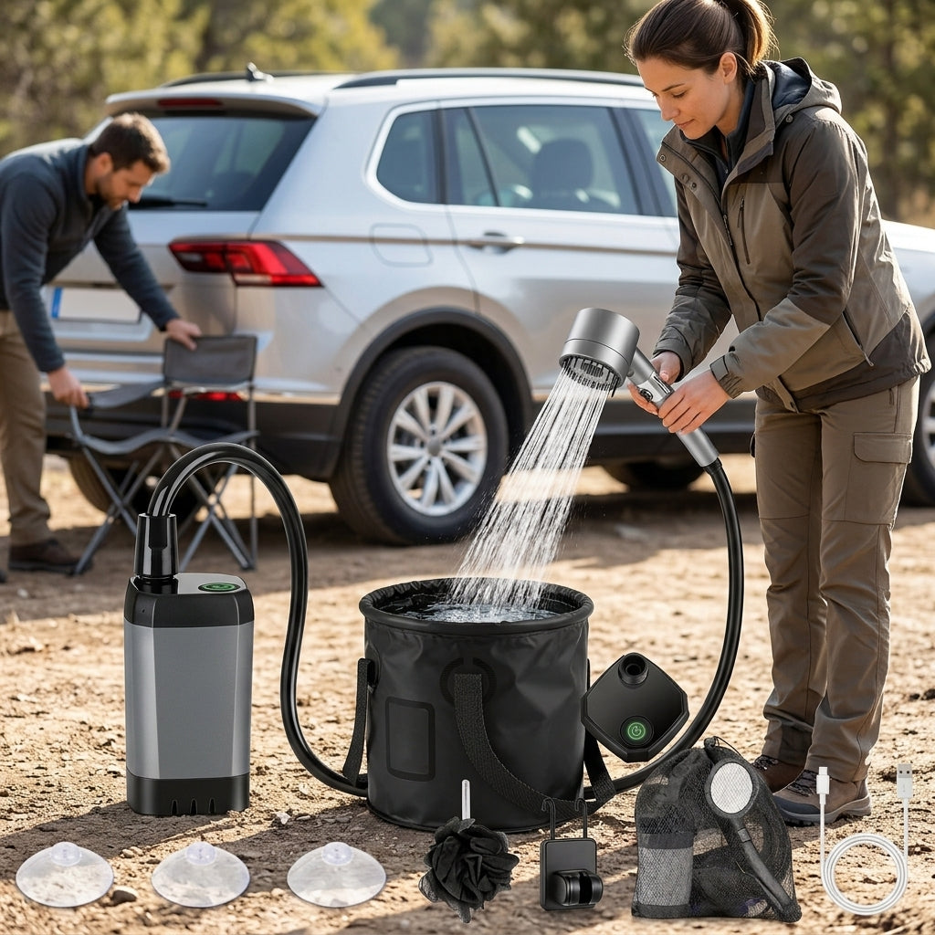 Portable Electric Shower Pump with Battery - In Use Day
