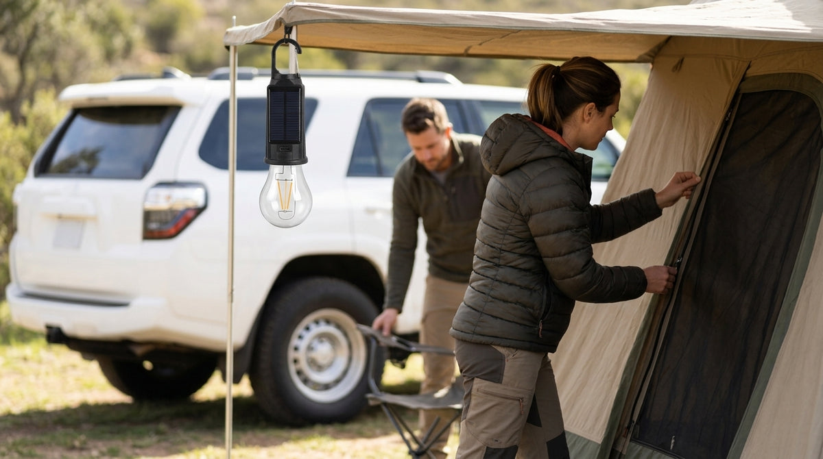 LED Camping Tent Light with Solar & USB Charging - In Use Day