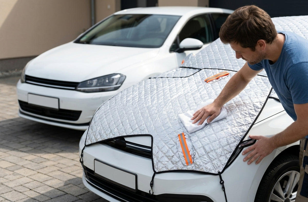 Car Snow Cover - Front Half Cover with Straps - In Use Day