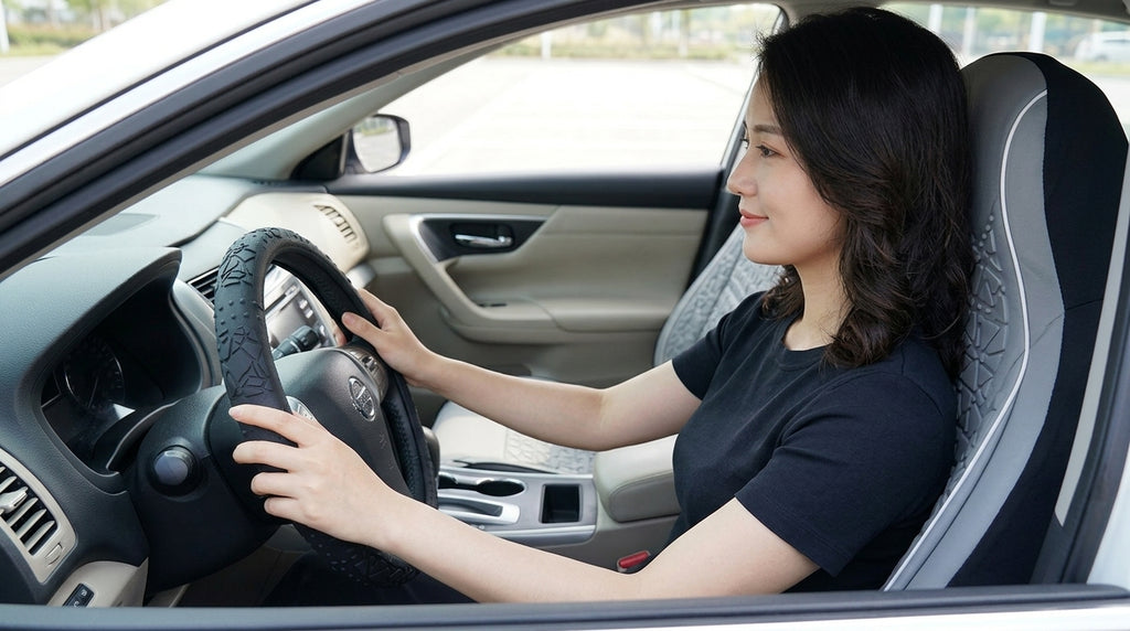 Cross-border geometric pattern non-slip silicone steering wheel cover, car D-round universal elastic particle sun-protection thickened handlebar cover - Woman Driver Day