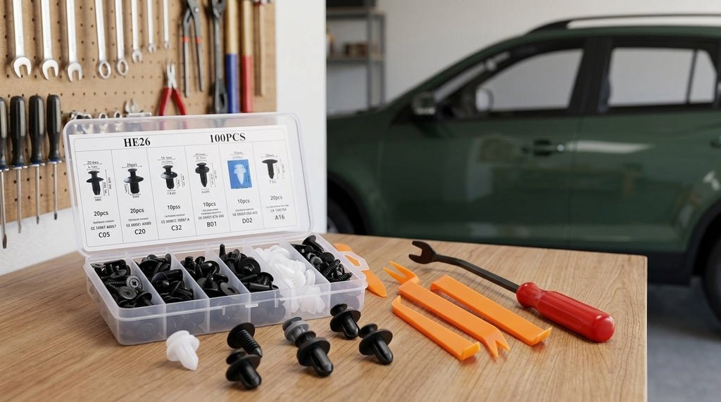 Cross-border 100PCS boxed buckles, 6 different automotive plastic fixed buckles, general car buckles, HE26 buckles - Workbench Day