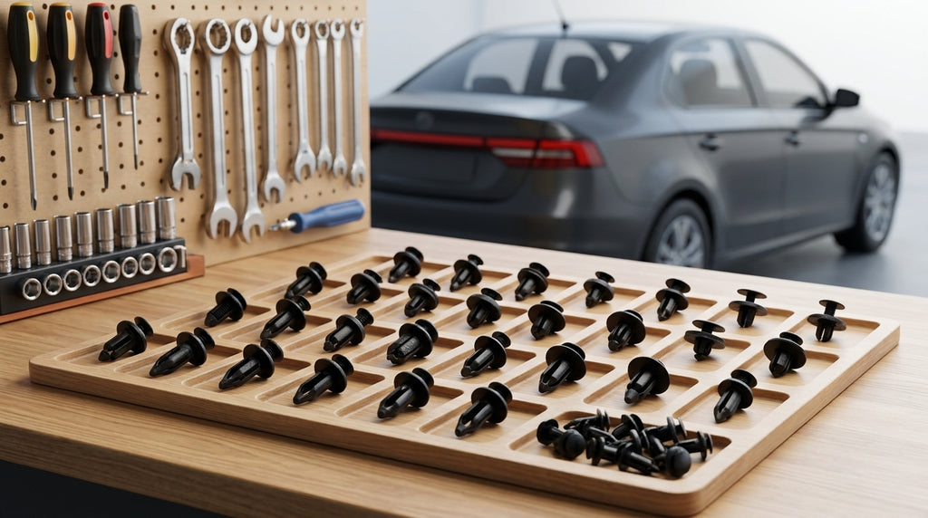 Universal automotive fender liner, trunk plastic clips, mudguard clips, expansion screws, hole-pierced studs, snaps - Workbench Day