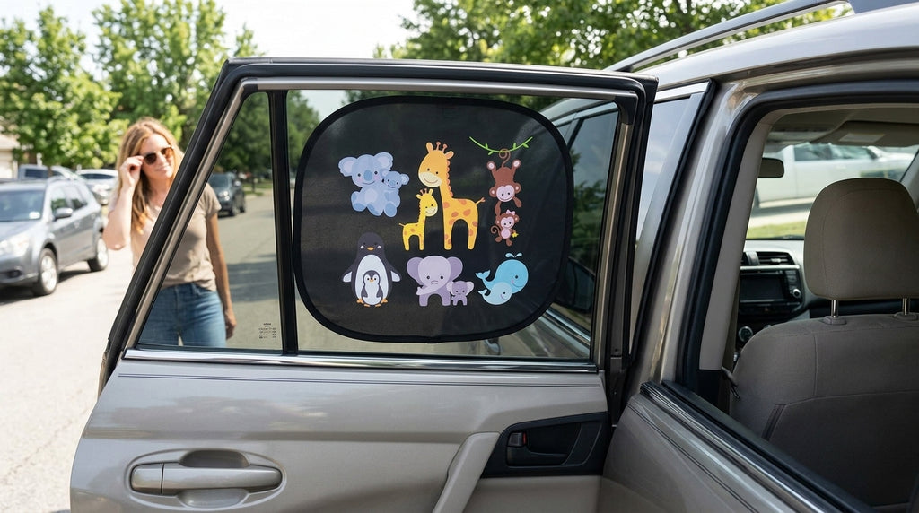 Car interior sun shield, side window heat insulation, sun protection static static sticker, sun shield, cartoon window film with logo printing - In Use Day