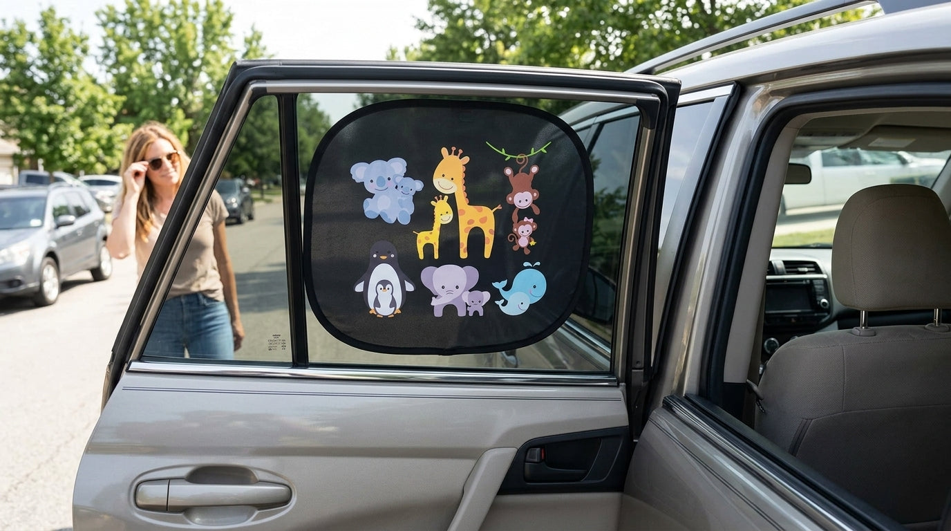 Car interior sun shield, side window heat insulation, sun protection static static sticker, sun shield, cartoon window film with logo printing - In Use Day