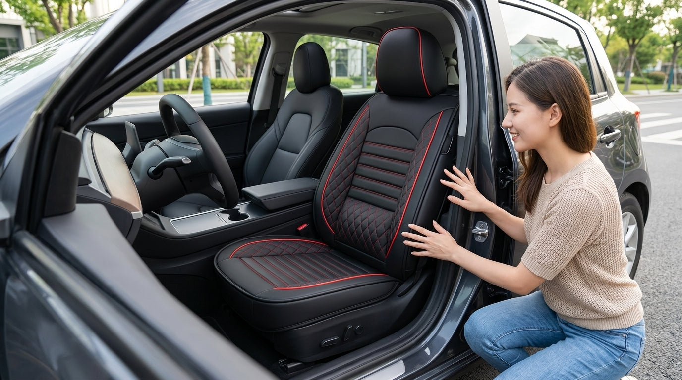 New all-season universal cartoon car seat cushion wholesale, premium feel, full leather, full coverage for small passenger car seat cushions - In Use Day
