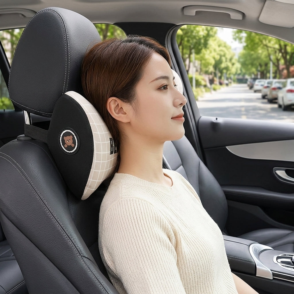 Yiju car cartoon headrest, neck pillow, memory foam, car cushion, car seat, neck and neck pillow, bear headrest - In Use Day