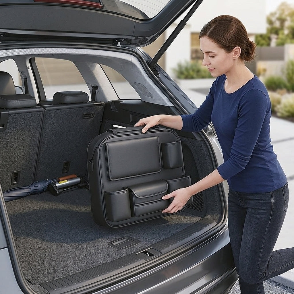 Car seat back, shelf, seat back, storage bag, children's car back seat, folding table, car table, back seat - In Use Day