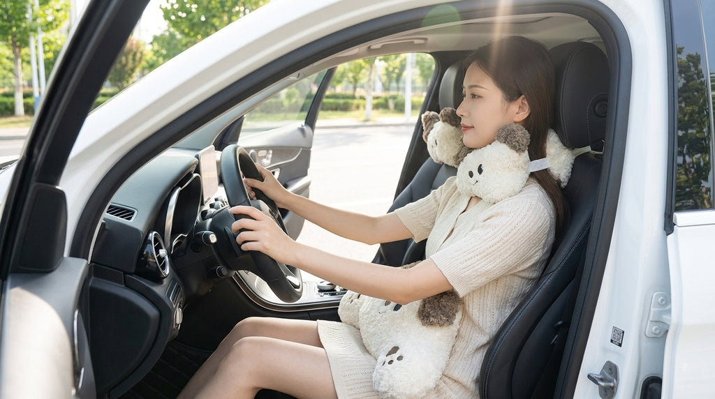 Car headrest, neck pillow, a pair of female driver pillows, cute dogs, car cushions, car seats, lumbar and neck pillows - In Use Day