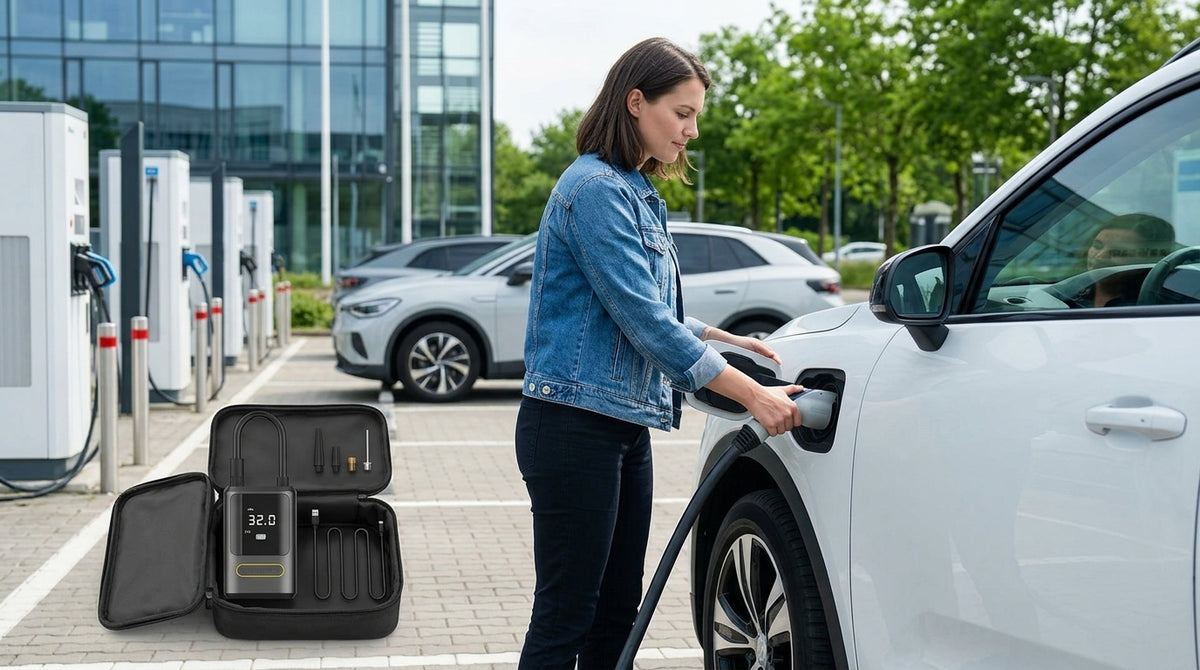 Mini portable car inflator pump bicycle electric tire pump air pump handheld wireless charging digital display - In Use Day