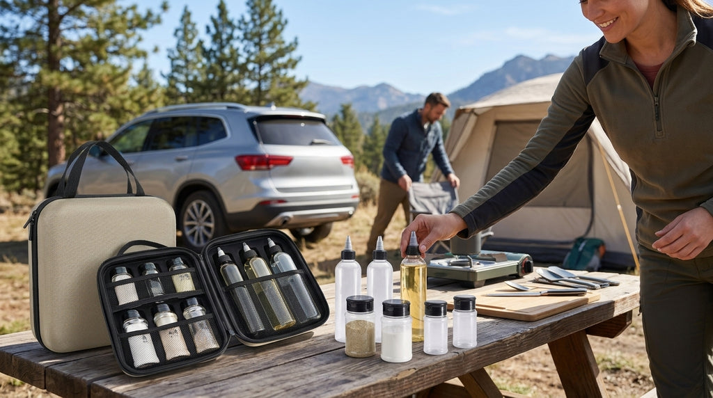 Camping and Outdoor Cooking Seasoning Bottle Set, Outdoor Portable Storage PET Spice Bottle, Repackaging Bottle, Oil Bottle Organizer Bag - In Use Day