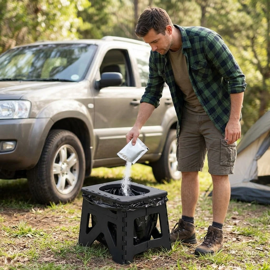 Outdoor camping folding toilet, car-mounted portable odor-resistant adult mobile travel toilet stool - In Use Day
