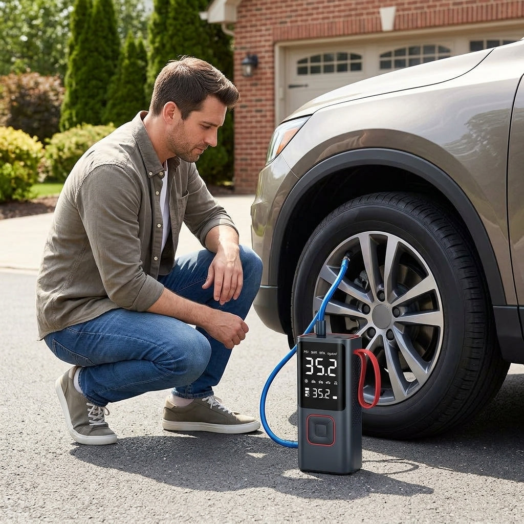 Car Inflator Pump Outdoor Convenient Car Wireless Inflator Pump Digital Tire Pressure Car Tire Electric Pump - In Use Day