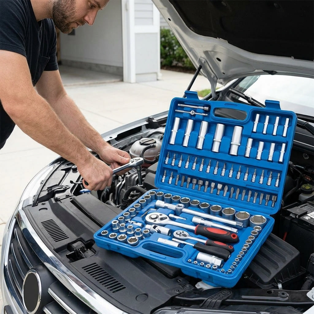 108 socket tool car repair toolbox multi-function large, medium and small flying ratchet wrench set hardware combination - In Use Day