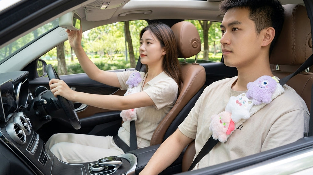 Car seatbelt shoulder pads, wear-resistant clothes, plush plush plush figures, car safety belt protective covers, cute monster girls - In Use Day