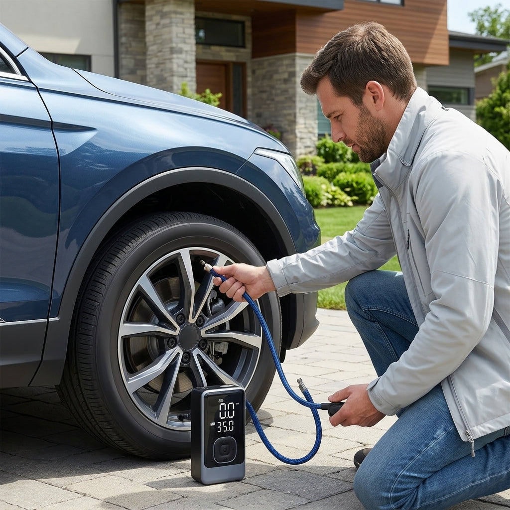 Cross-border on-board inflatable pump, on-board wireless inflatable pump, portable inflatable pump for car, electric car tire pump - In Use Day