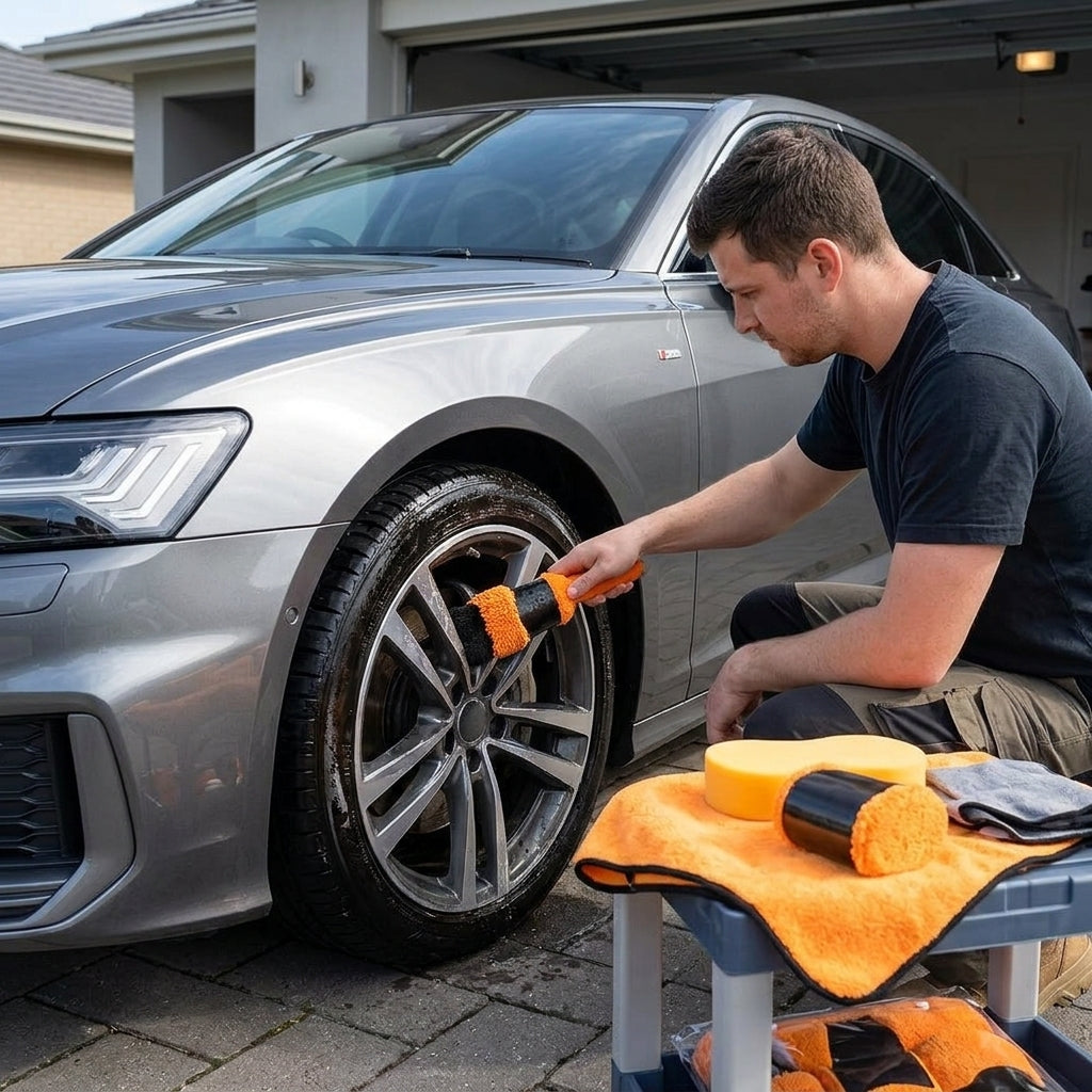 Car Wash 9-Piece Set: Car Cleaning Supplies, Wheel Hub Brush, Polishing Waxing Sponge Blocks, Car Wash Towels, Car Wipes - In Use Day