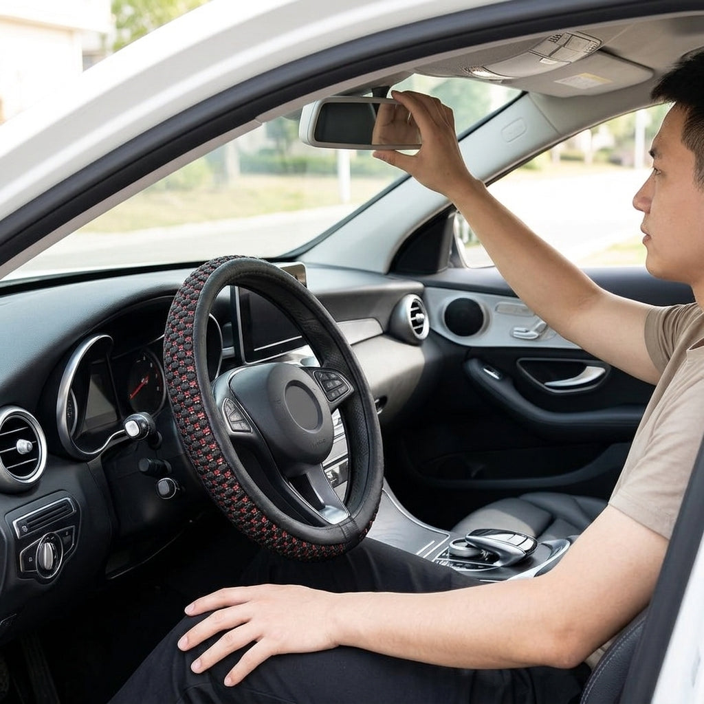 Factory direct sales of Ice Silk breathable non-slip steering wheel covers, all-season universal car handlebar covers, cross-border e-commerce Amazon - In Use Day
