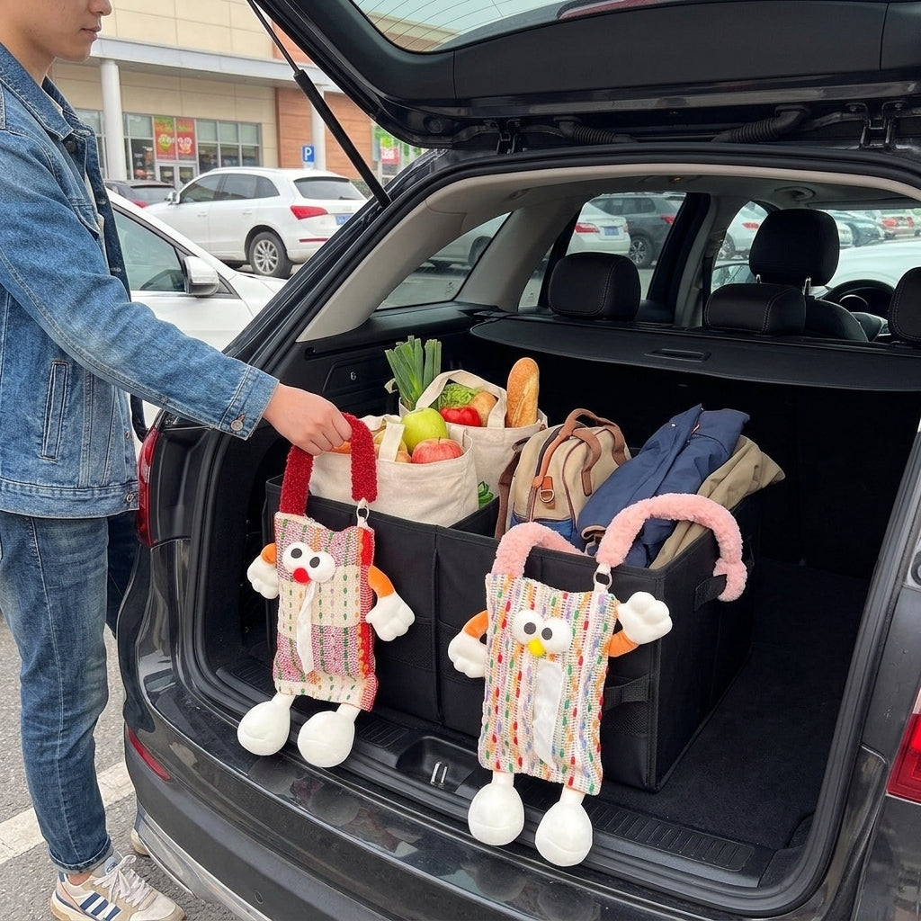 Car tissue box, cute plush toy hand, foot car, in-car tissue hanging bag, high-end practical car armrest box tissue box - In Use Day