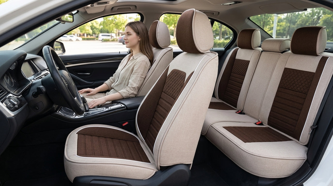 All-season universal full-coverage car seat covers, full-coverage spring and winter linen fabric art car covers, seat covers, and car cushion covers - In Use Day